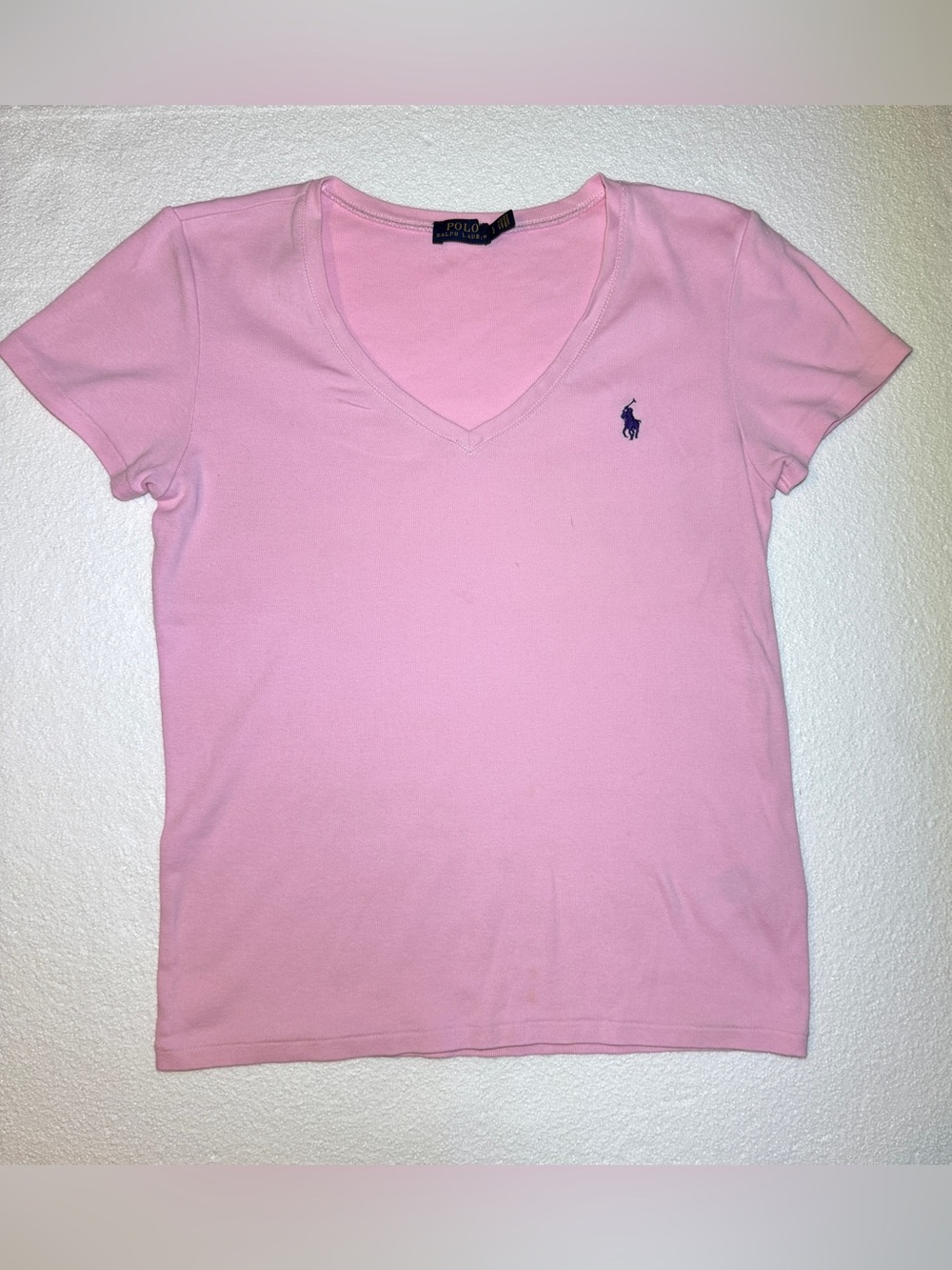 Polo Ralph Lauren Women’s Light Pink V-Neck Polo Tee with Navy Pony L